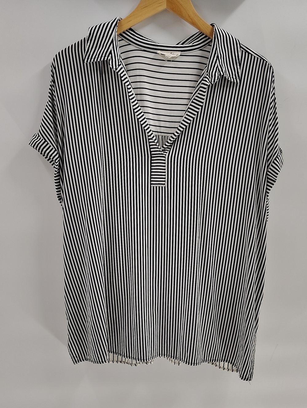 Jane & Delancey V-Neck Blouse 1X Black White Stripe Rayon